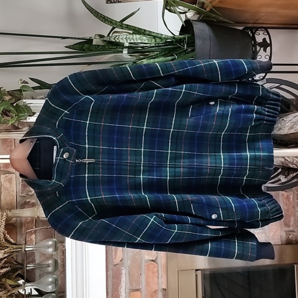Vintage 90s Pendleton Womens 100% Wool Plaid Zipup Bomber Jacket Blue Green L